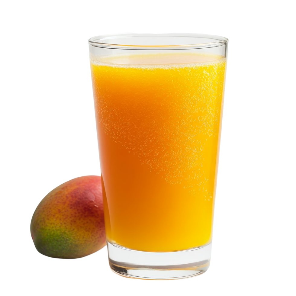 Refreshing mango juice served in a clear glass next to a ripe mango on a clean transparent background, mango juice in a glass on transparent background png