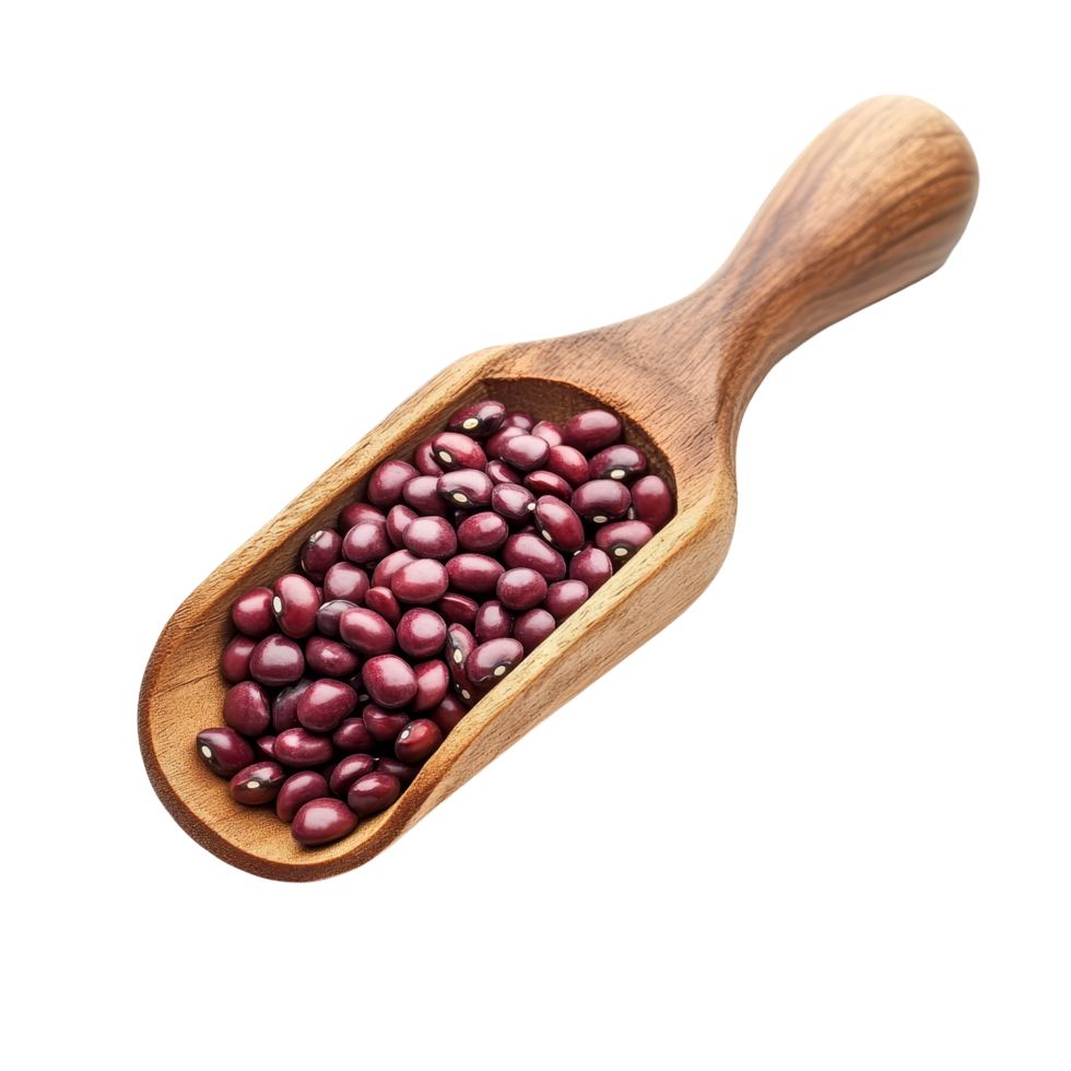Azuki bean seeds in a wooden scoop resting on a transparent transparent surface for culinary decoration, Azuki bean or red bean seeds in wood scoop on transparent background png