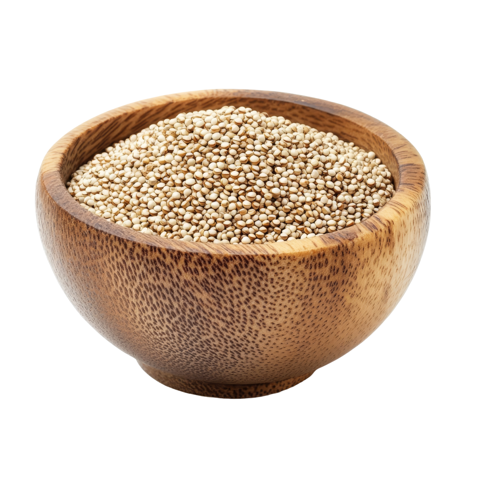 Quinoa seeds in a wooden bowl isolated on a bright transparent background for a healthy food presentation, Quinoa seeds in wood bowl isolated on transparent background png