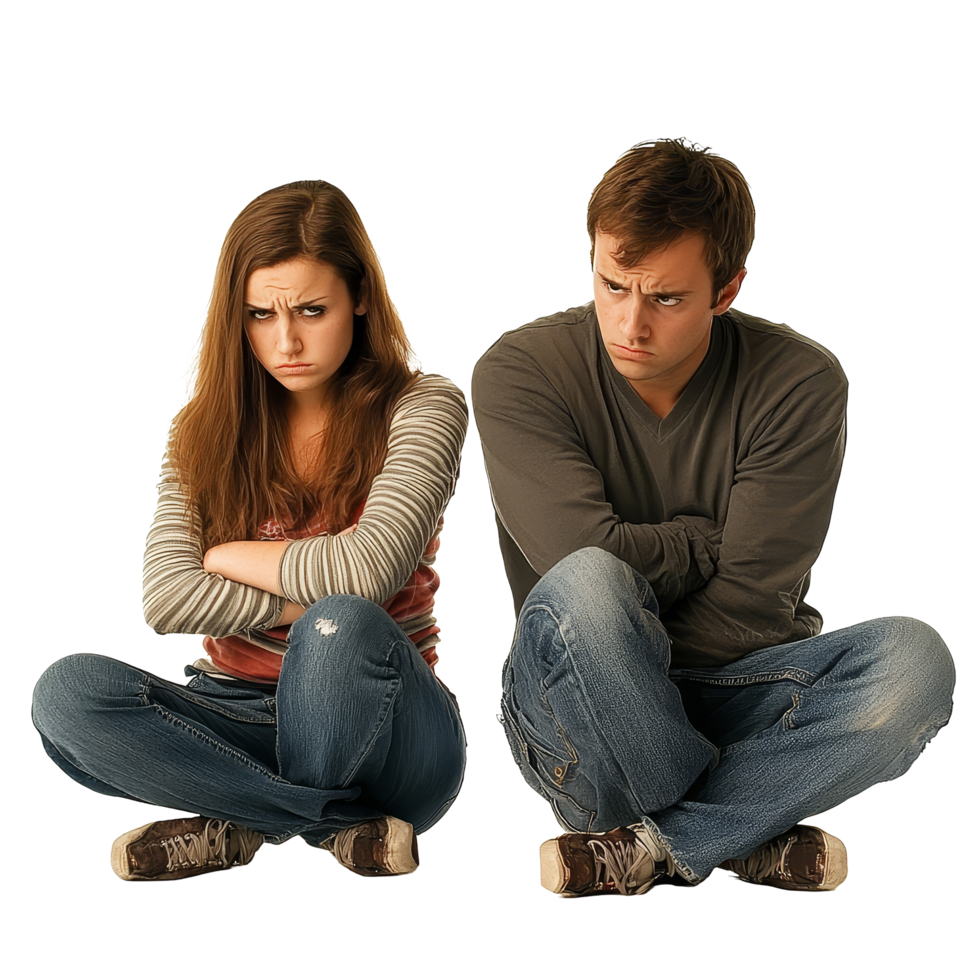 Unhappy couple expressing distance and frustration in an isolated setting on a transparent background, unhappy couple isolated on transparent png