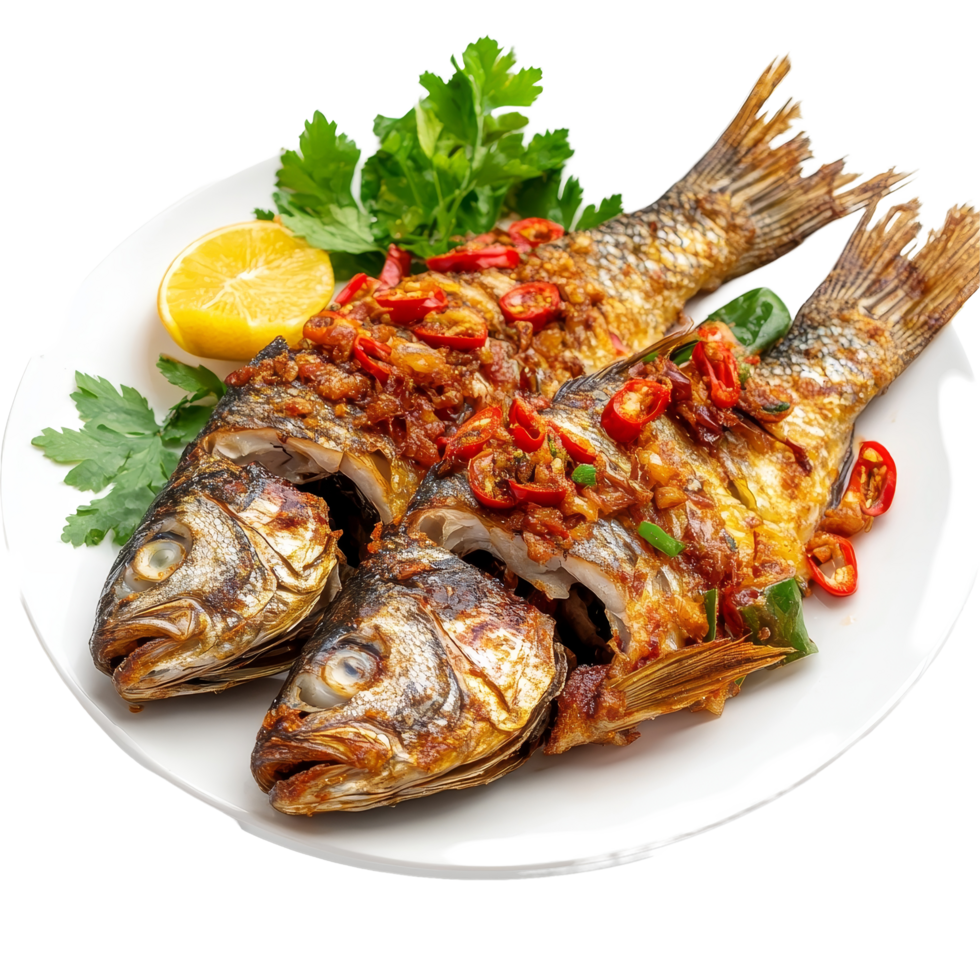 Delicious fried fish topped with chili and spices served with lemon and fresh herbs, Fried fish with chilli and spices, delicious food Thailand style on transparent background png