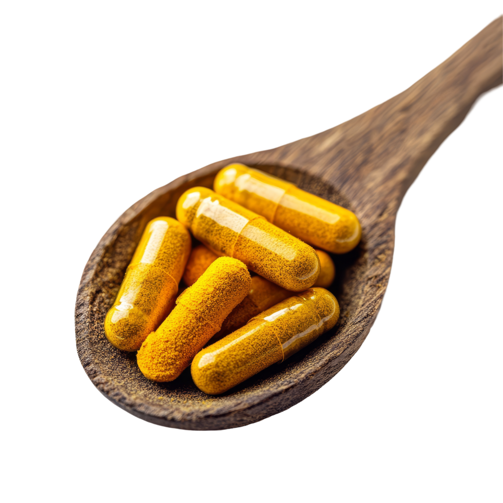 Turmeric capsules on a wooden spoon against a clean transparent background showcasing health benefits and nutritional value, Turmeric Capsule in wood spoon on transparent background png