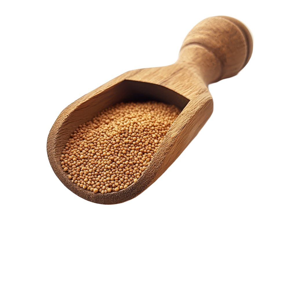 Amaranth seeds spilling from a wooden scoop on a transparent background in natural light, amaranth seeds on wooden scoop on transparent background png