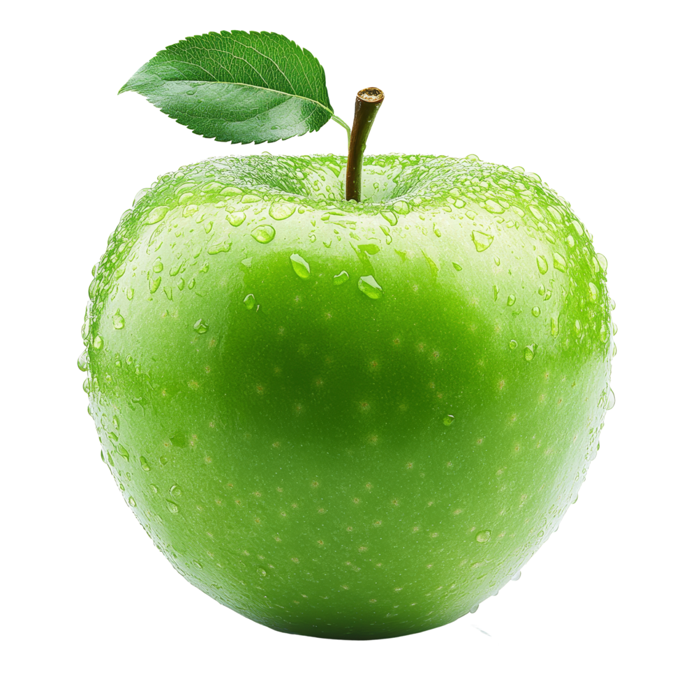 Fresh green apple with water droplets, featuring a vibrant leaf, isolated on a clean transparent background, Green Apple with isolated on transparent background png