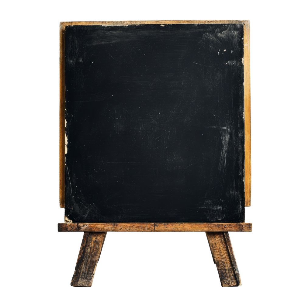 A blank blackboard on a simple wooden stand against a clean transparent background, blank black board on transparent background png