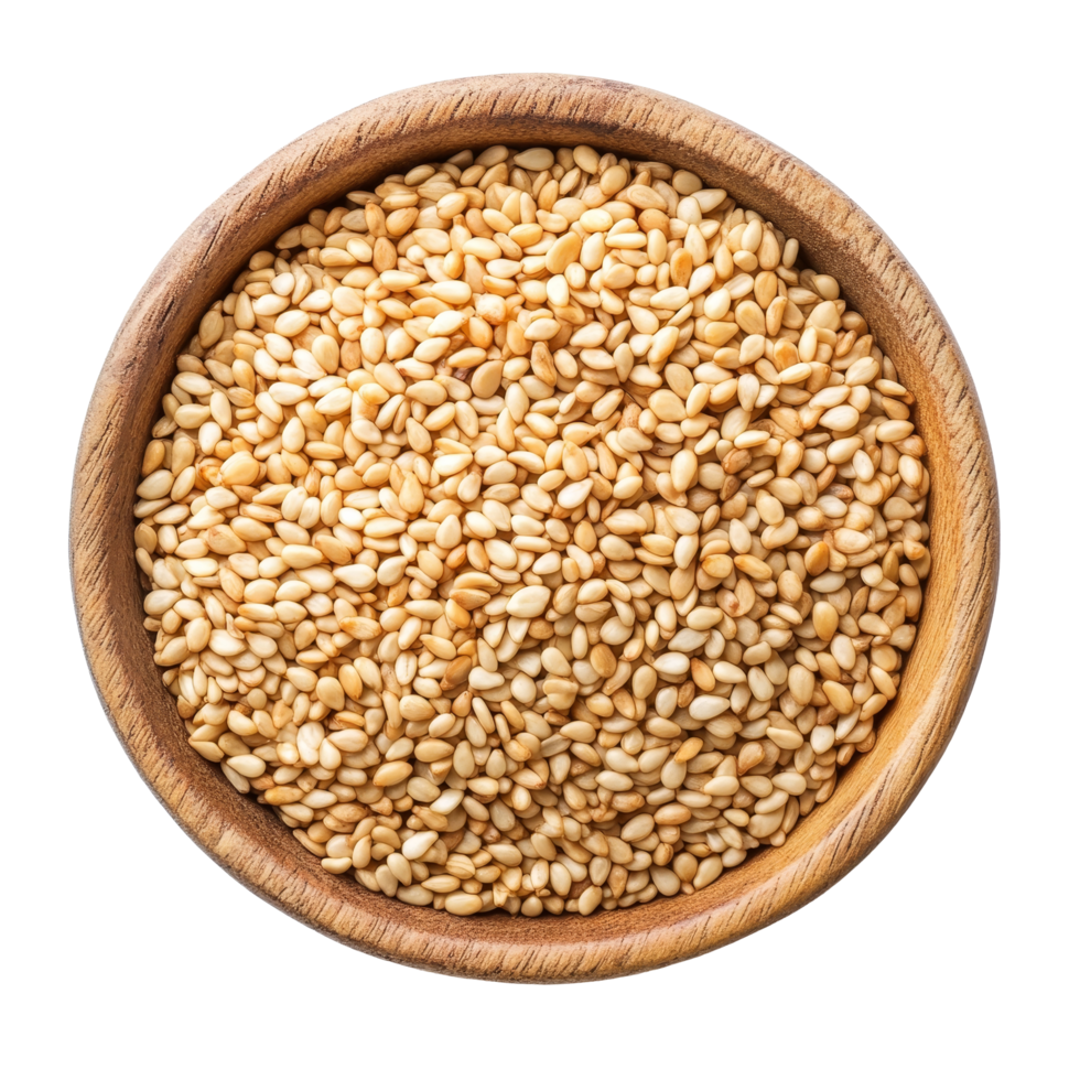 Fresh sesame seeds in a wooden bowl against a clean transparent background, showcasing their natural color and texture, Fresh sesame seeds on a transparent background png
