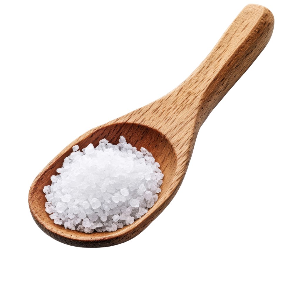 Wooden spoon filled with salt isolated on a transparent background for culinary use or food preparation, Salt in wood spoon isolated on transparent background png