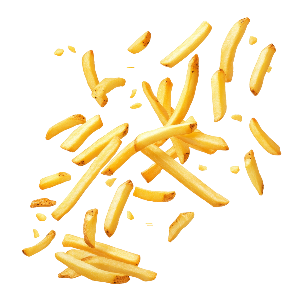 Falling French fries cascade through the air against a clean transparent background, falling or flying French fries, potato fry isolated transparent background png