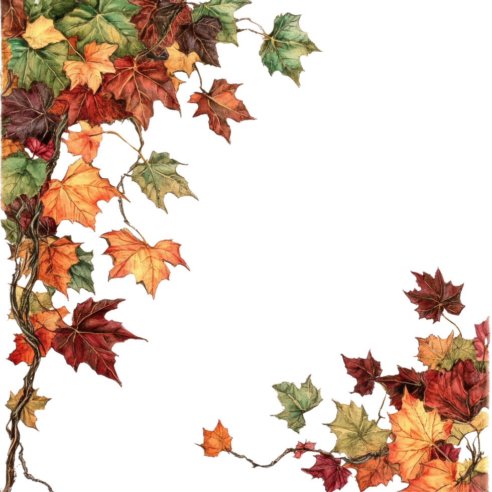A vibrant border of autumn leaves in various colors framing a blank space for creative design, autumn leaves border png