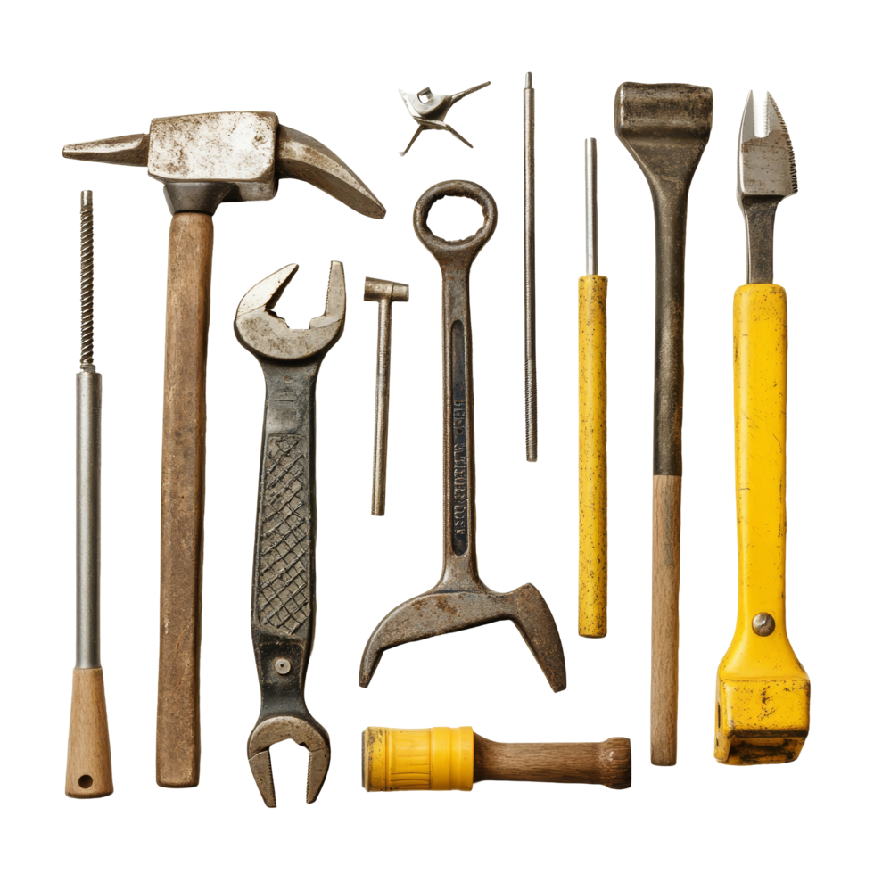 A variety of construction tools arranged neatly on a transparent background highlighting essential equipment for building and repairs, Construction tools isolated Stock Photo png