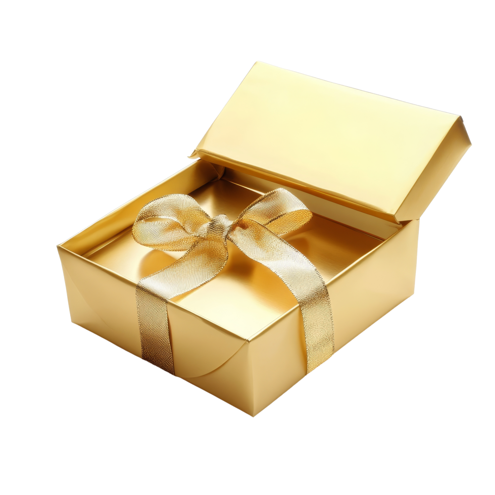 Elegant gold open gift box with ribbon, perfect for celebrating special occasions and giving thoughtful surprises, Gold open gift box with ribbon isolated png