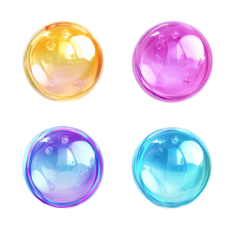 Colorful soap bubbles in vibrant shades resting on a transparent background, showcasing their iridescent beauty in a cheerful display, Colorful Soap Bubbles Set on transparent background png