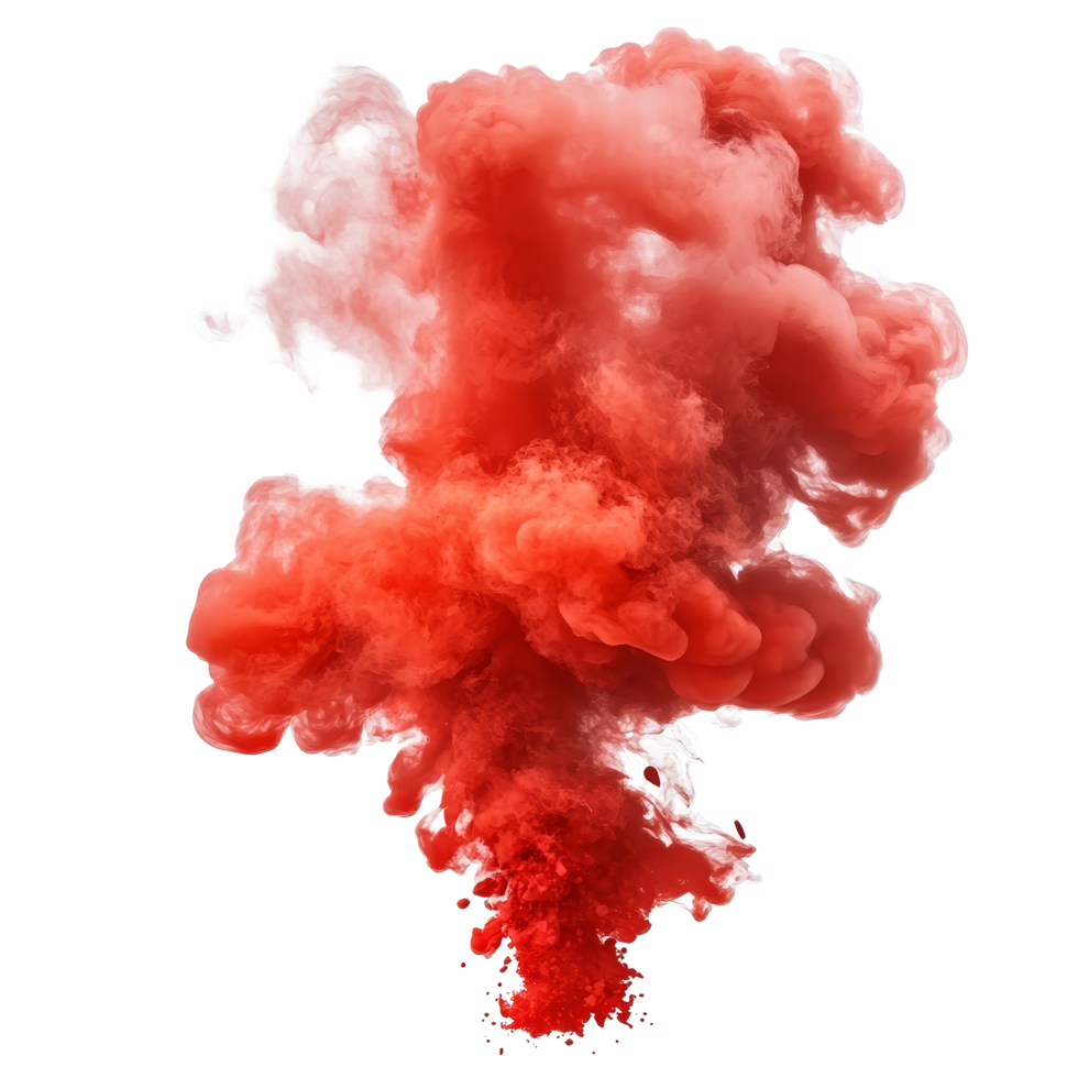 Captivating explosion of vibrant red paint creating a dramatic smoke cloud against a transparent background, red paint splash explosion smoke cloud isolated on transparent background png