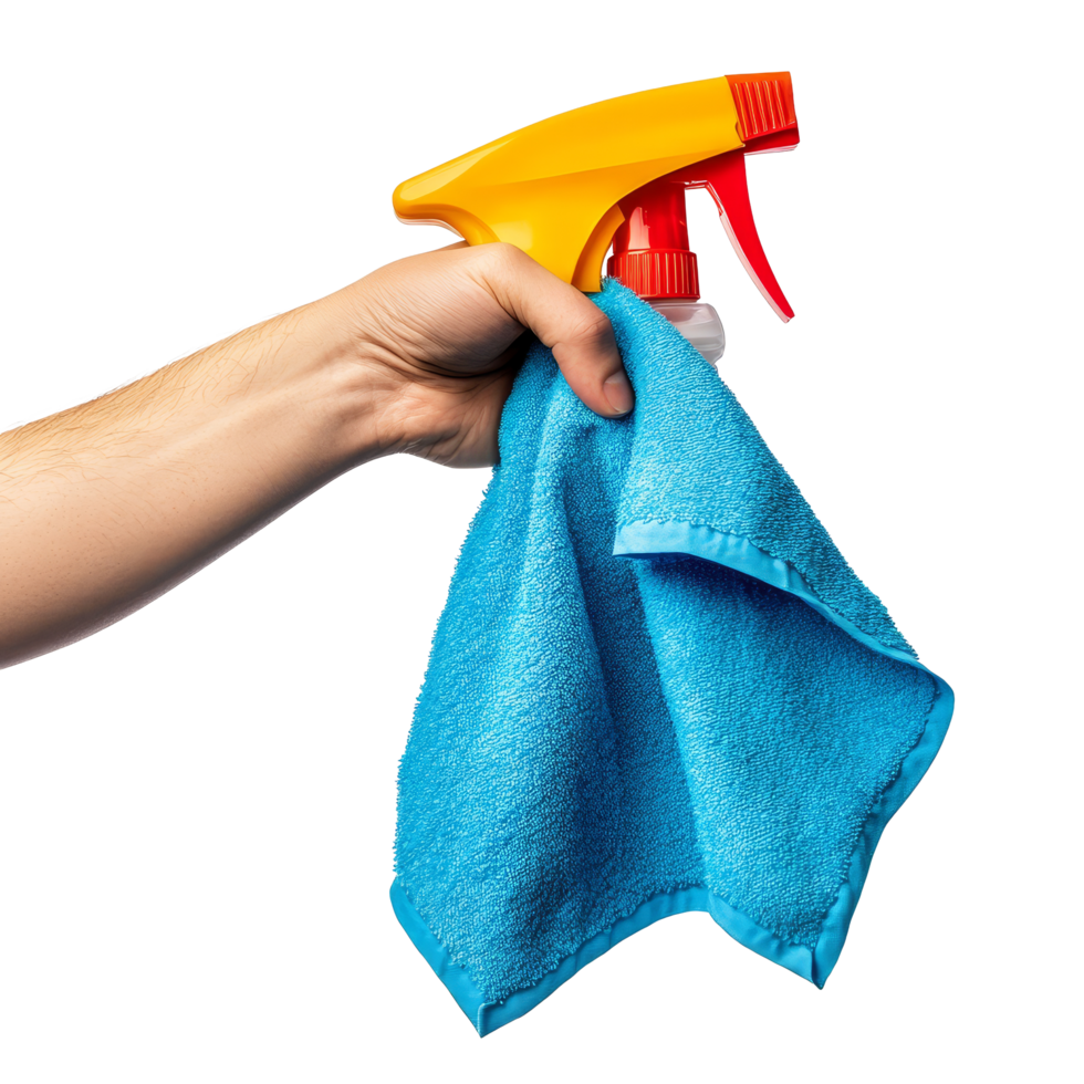 Hand holding a blue microfiber cloth and yellow spray bottle for cleaning tasks at home, Hand holding fiber cloth and sprayer, detergent bottle for cleaning, isolated on transparent background png