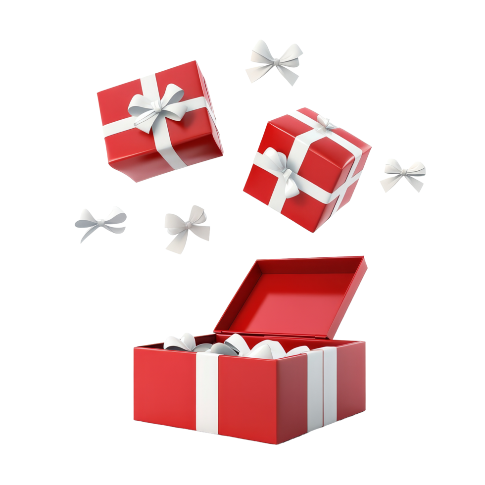 A red gift box overflowing with transparent present boxes in a festive holiday setting, transparent gift boxes pop out from red open gift box isolated on transparent png