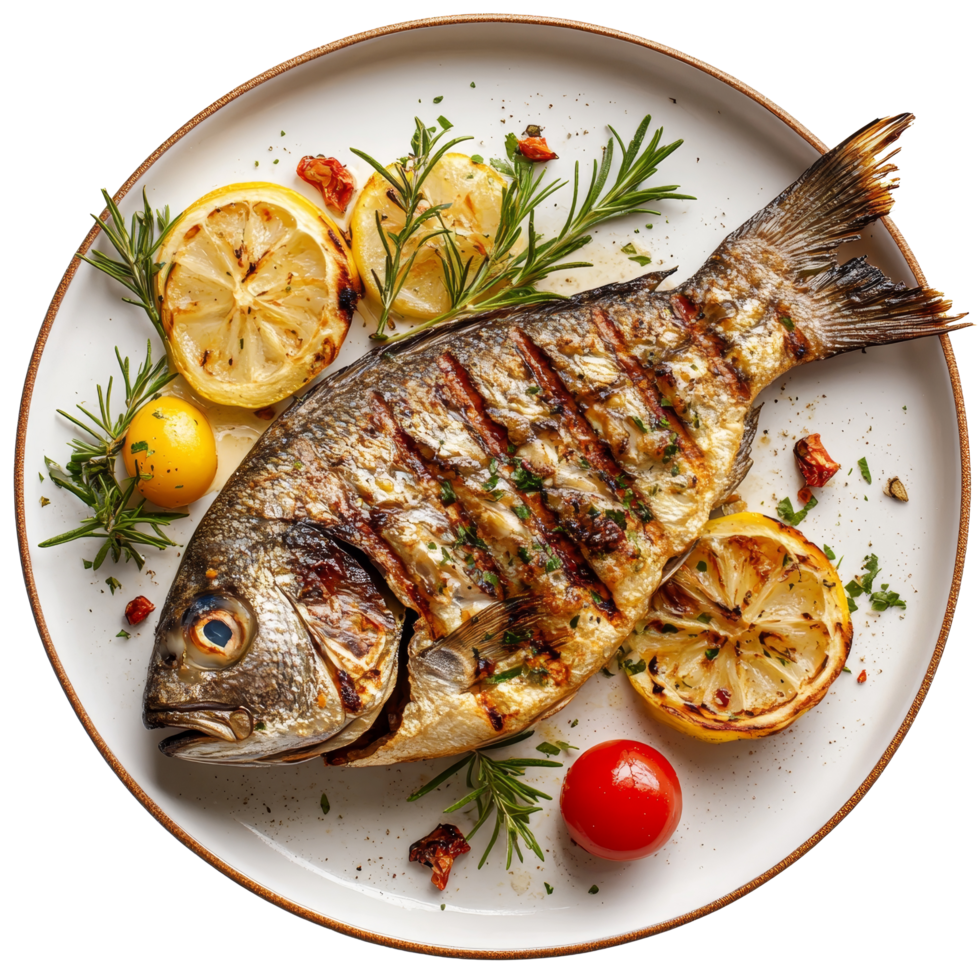 Deliciously grilled dorada fish served with fresh herbs and citrus on a rustic plate, Plate of gourmet grilled dorada fish png