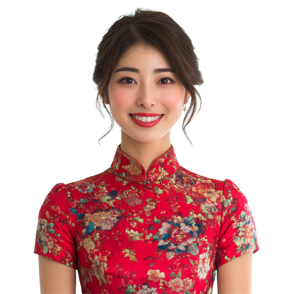 A beautiful smiling Chinese woman wearing a floral dress in a bright setting, a portrait photo of beautiful smiling chinese woman in a qipao,isolated transparent background png