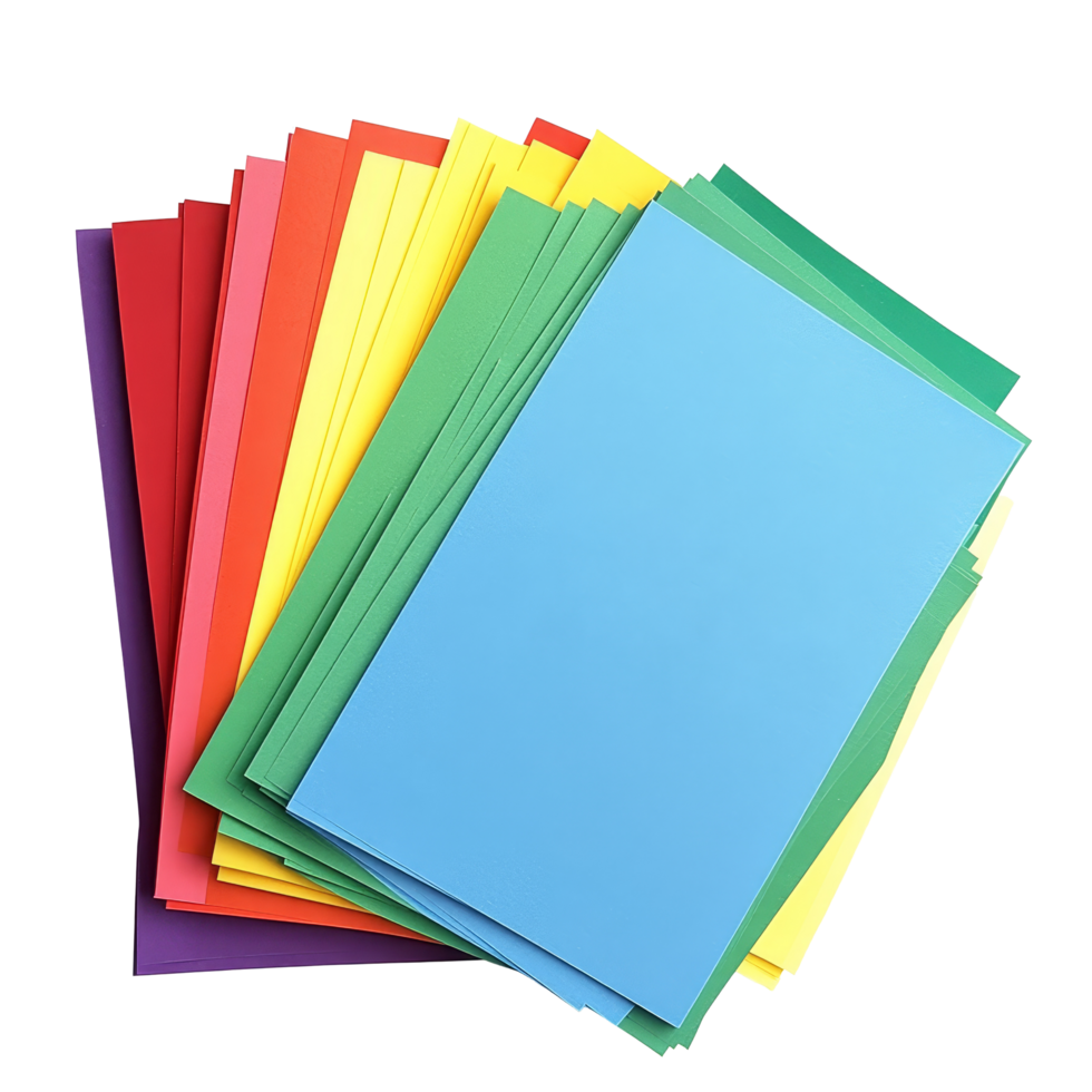 Stacked colored paper sheets on a transparent background display vibrant hues and textures, Blank colored paper sheet on transparent backgroundfile. png