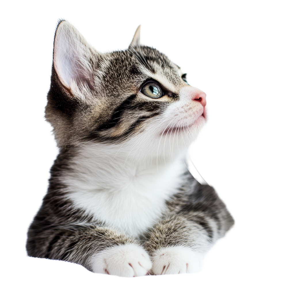 A young striped cat gazes curiously to the side against a soft, bright transparent background in a playful moment, Young cat on transparent background png