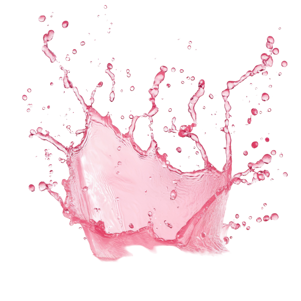 Bright pink splash of liquid isolated on a transparent background showcasing dynamic droplets and ripples, splash isolated on transparent png