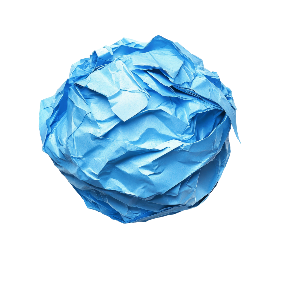 A crumpled blue paper ball on a transparent background, highlighting the texture and color contrasts in a minimalist setting, Crumpled paper ball on transparent backgroundfile png
