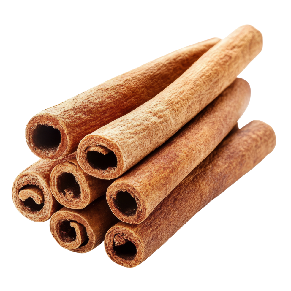 Stacked cinnamon sticks on a transparent background highlighting their texture and natural color in a minimalist setting, Cinnamon sticks stacked on transparent background png