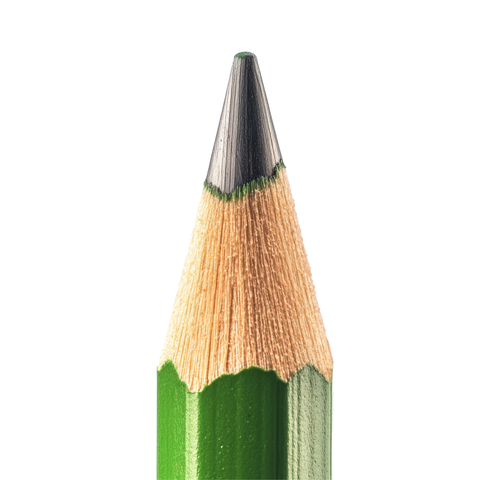 Closeup view of the tip of a sharpened green pencil on a transparent background showcasing its intricate details, tip of green pencil isolated on transparent background png