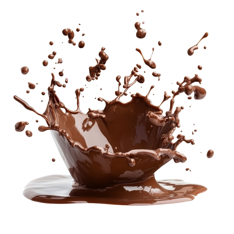 Rich chocolate splash captured against a pristine transparent background illustrating texture and motion in an artistic dessert setting, Chocolate Splash Isolated on transparent background png