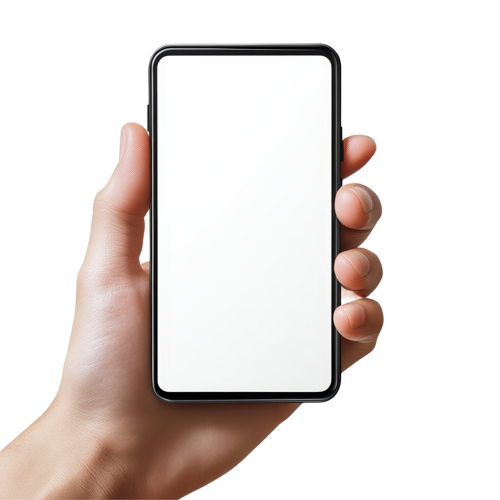Hand holding a mobile phone screen mockup in a clean environment for showcasing design ideas, Mobile phone screen mockup in case. Hand holding smartphone display mock up isolated on transparent png