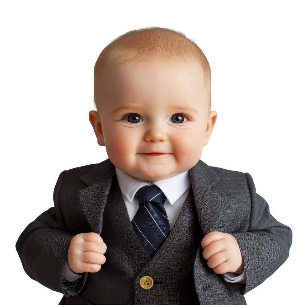 Adorable baby boy dressed as a businessman smiles confidently against a transparent background, baby boy dressed as a business man on transparent background png