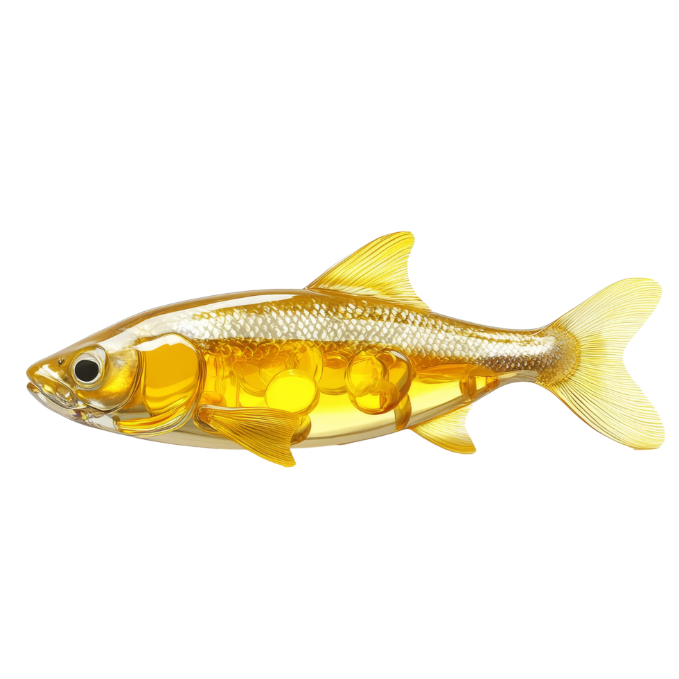 Realistic depiction of fish oil contained in a transparent fish shape on a transparent background, fish oil on transparent background png