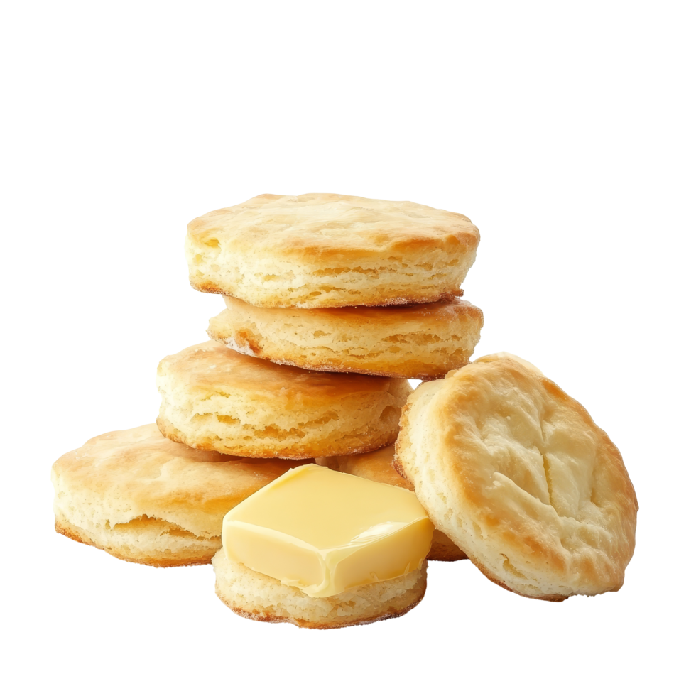 Delicious homemade biscuits stacked with a pat of butter on a transparent background, Biscuits butter with sugar on transparent background png