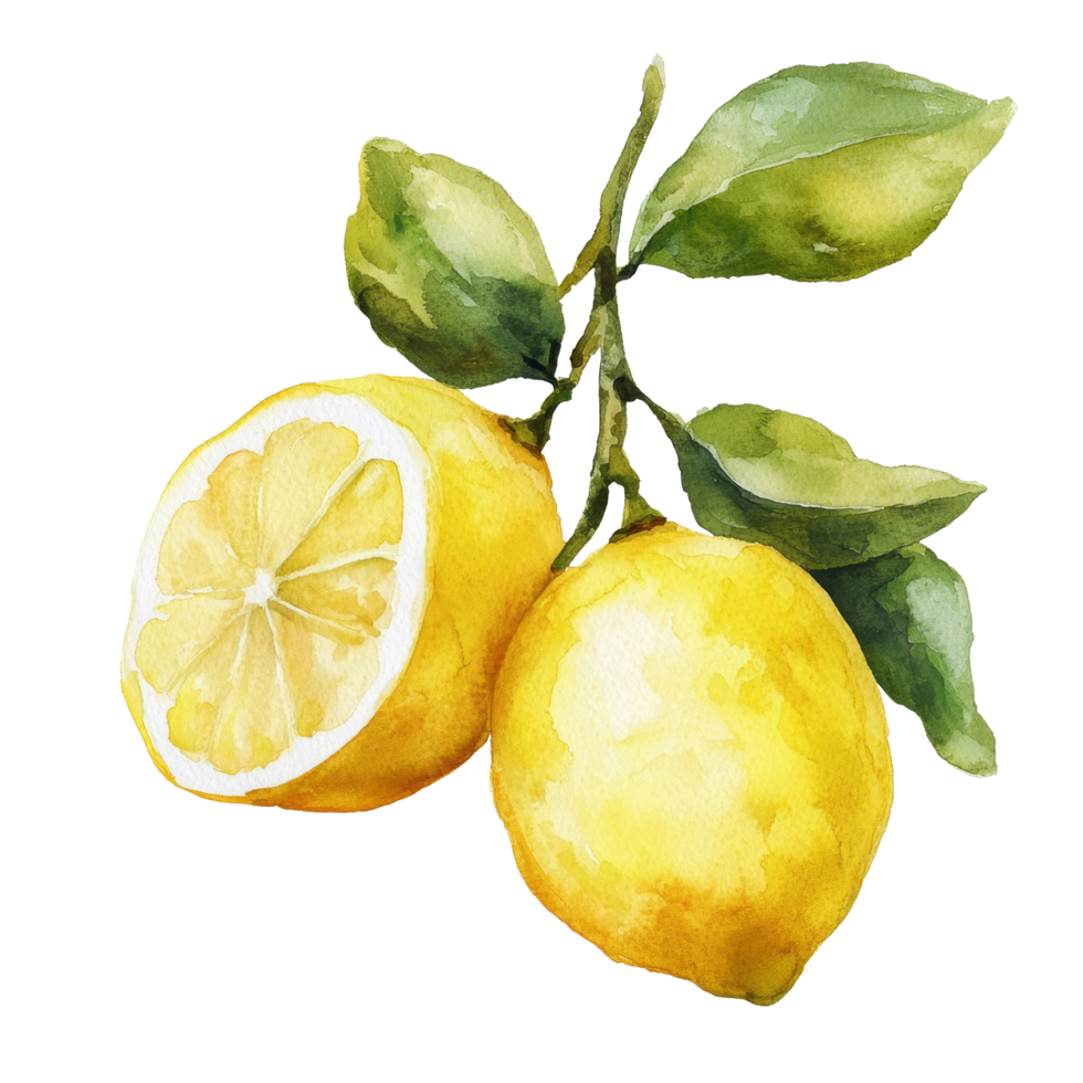 Beautiful watercolor drawing of fresh lemons with leaves on a transparent background, lemons in drawing isolated on transparent background png
