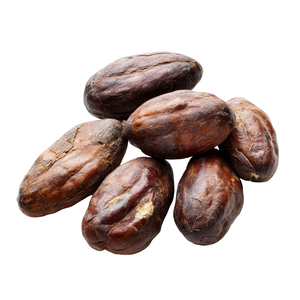 Cocoa beans arranged on a transparent background showcasing their rich texture and color, highlighting the beauty of natural ingredients, Cocoa beans isolated on transparent background png