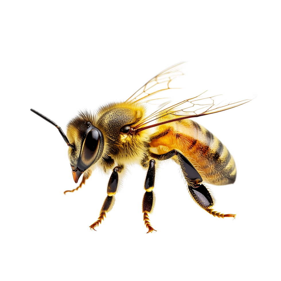 A closeup of a honey bee walking slowly on a transparent background, showcasing its intricate details and features, honey bee walking isolated on transparent backgroundcutout png