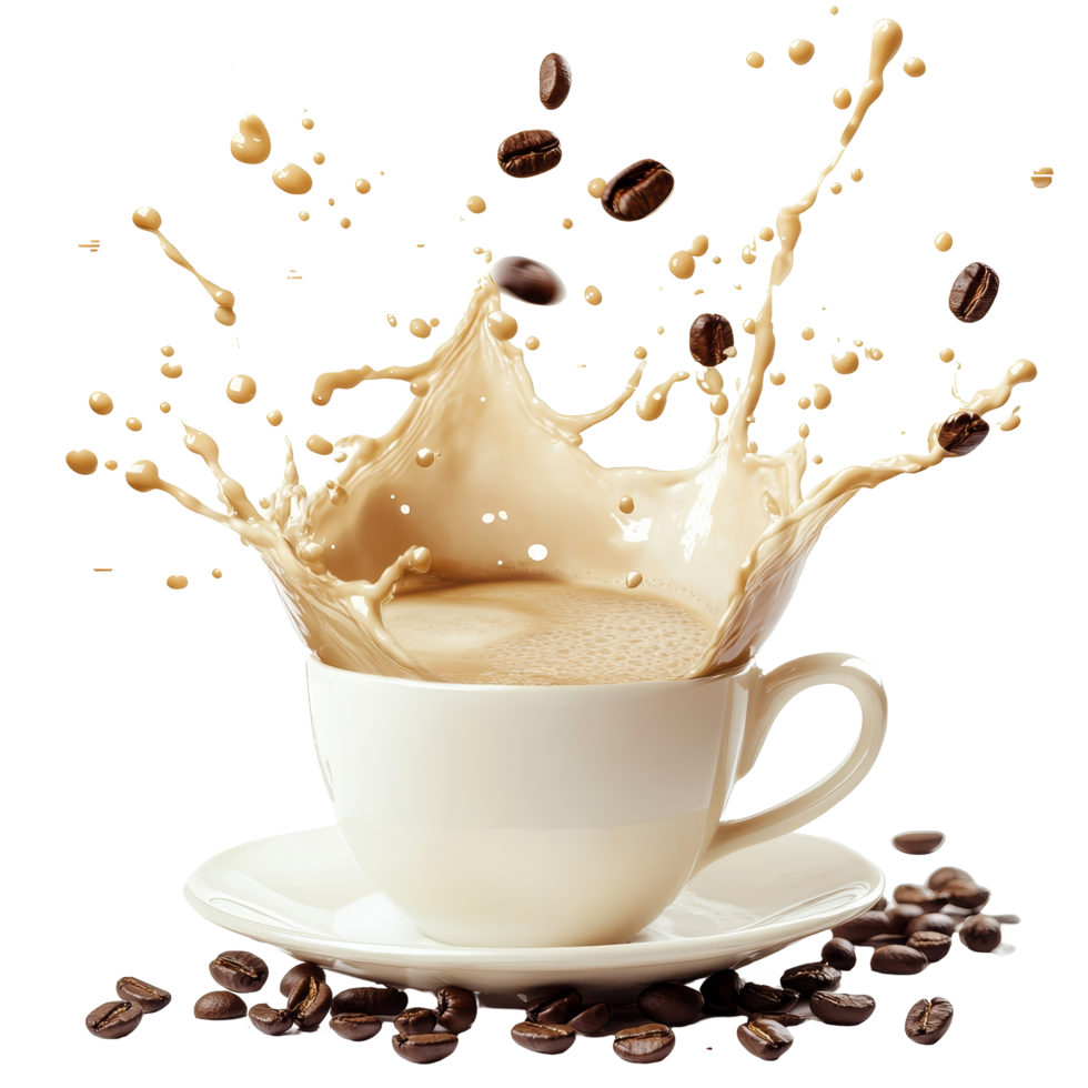Milk coffee splashes dramatically in a cup surrounded by scattered coffee beans on a transparent background, Milk coffee splashing with coffee beans isolated png