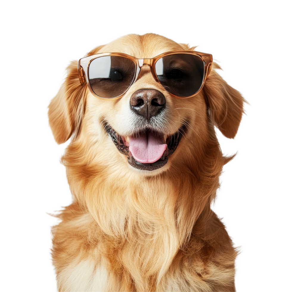 A cheerful dog with sunglasses showcasing its playful personality against a transparent backdrop, Funny dog wearing sunglasses on transparent background png