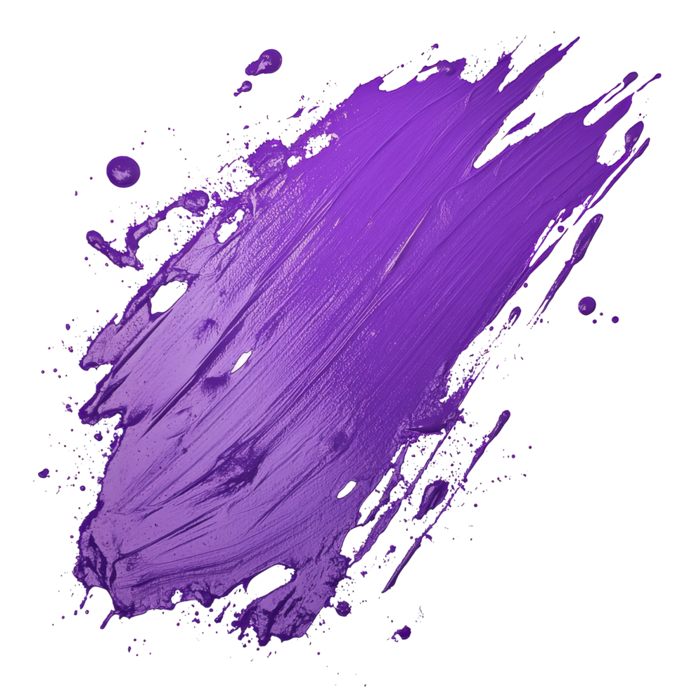 Vibrant purple paint strokes and splashes creating an artistic display on a clean transparent background, Purple Paint Strokes and Splashes on transparent background png