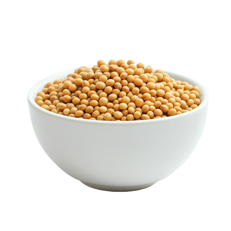 Soybeans in a transparent bowl on a plain transparent background, showcasing their texture and natural color, Soybeans in transparent bowl isolated on transparent background png