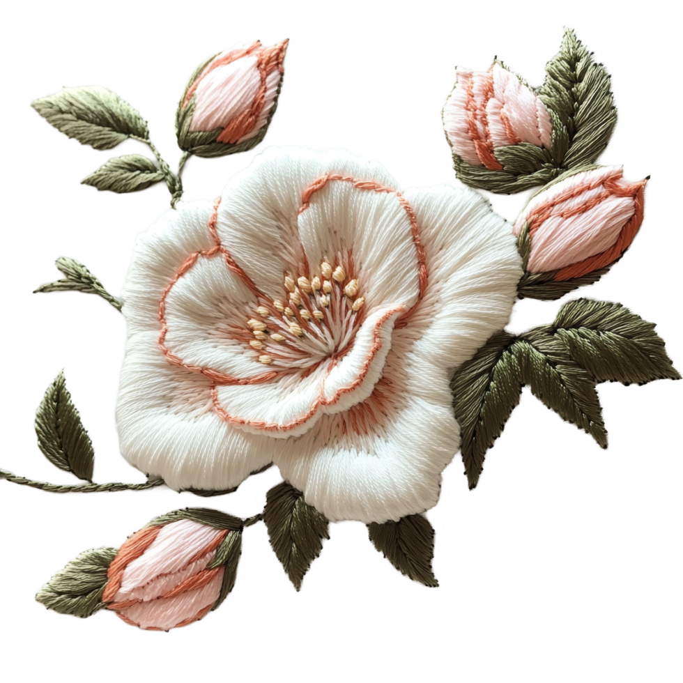 Delicate embroidery featuring a transparent flower and budding roses on a soft transparent fabric background, Embroidery flower on a transparent background. Flower transparent background png