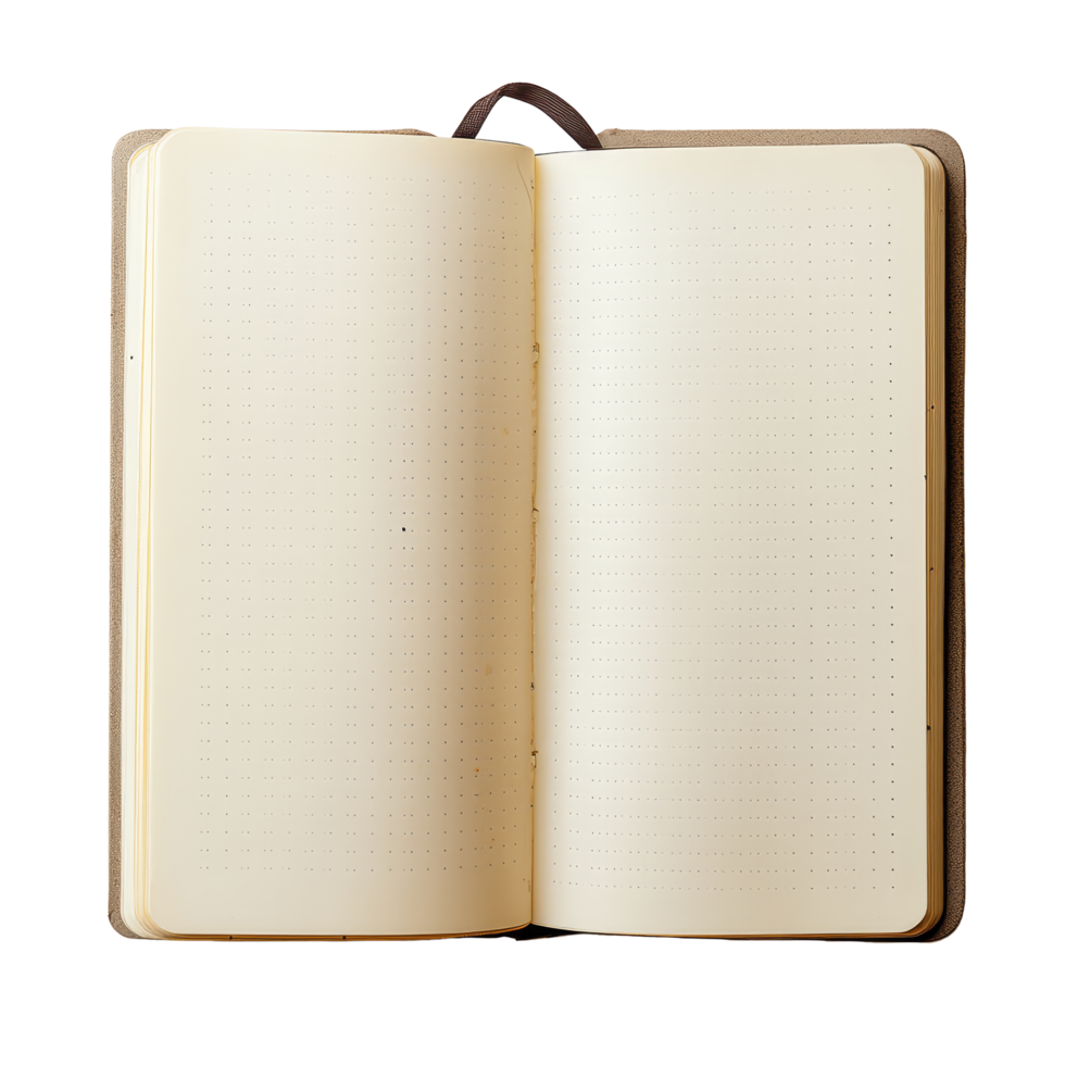 An open notebook with a looped spine resting on a clean surface, ready for notes and creative ideas, The notebook has a dot point with a looped spine on transparent backgroundfile png