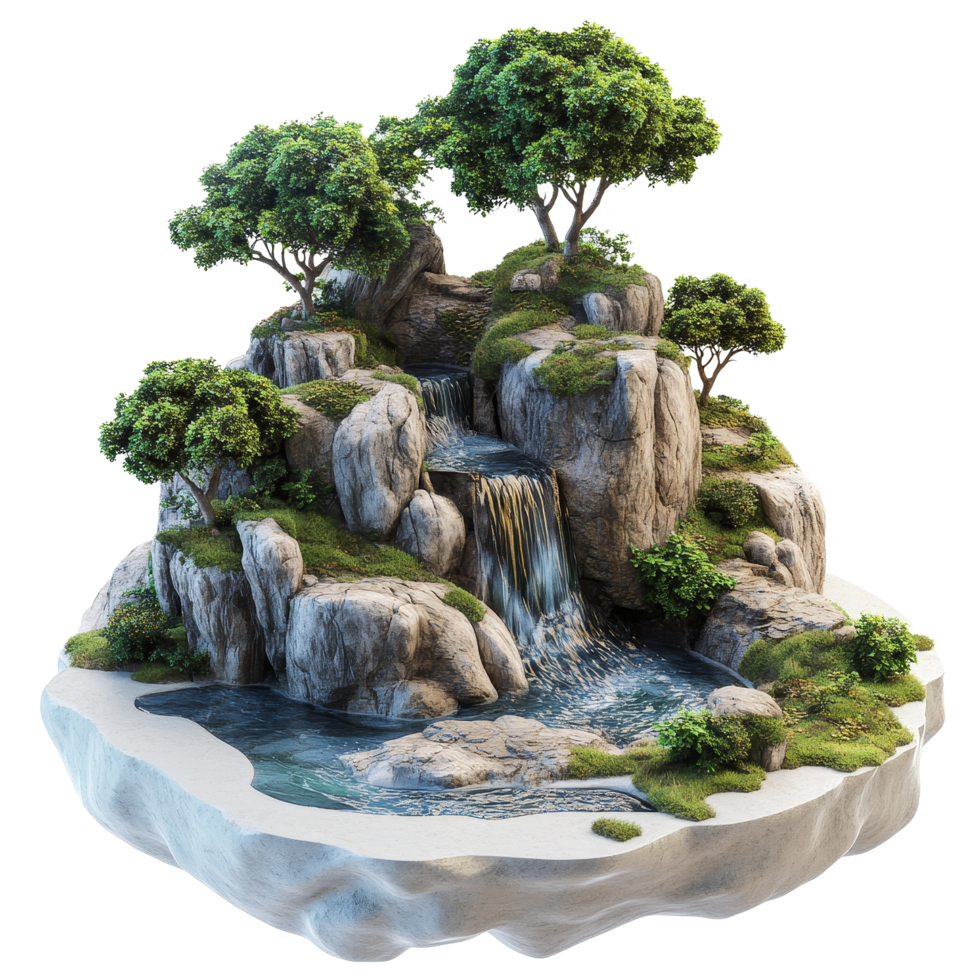 A serene rocky island with a waterfall and lush trees isolated on a transparent background in a tranquil setting, isolated on transparent background 3d render. png