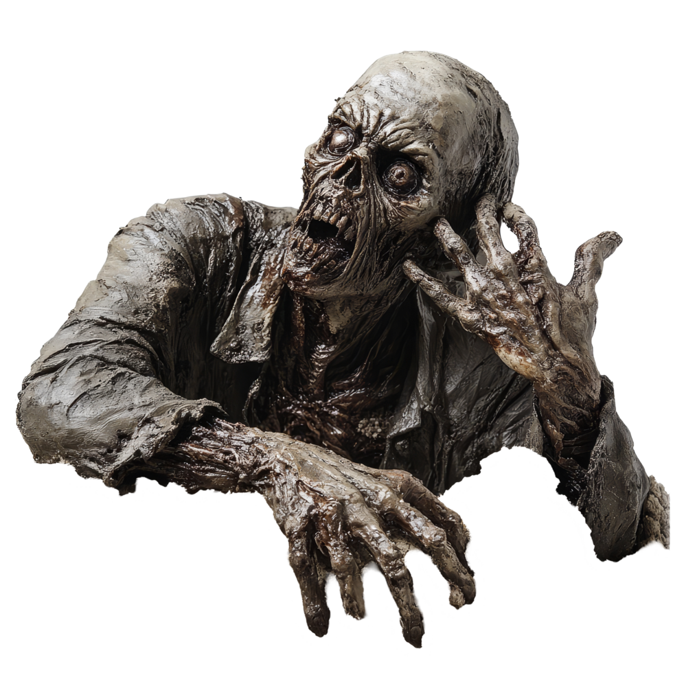 A terrifying zombie rises from its grave surrounded by dirt on a stark transparent background, Zombie Rising from Grave on transparent background png