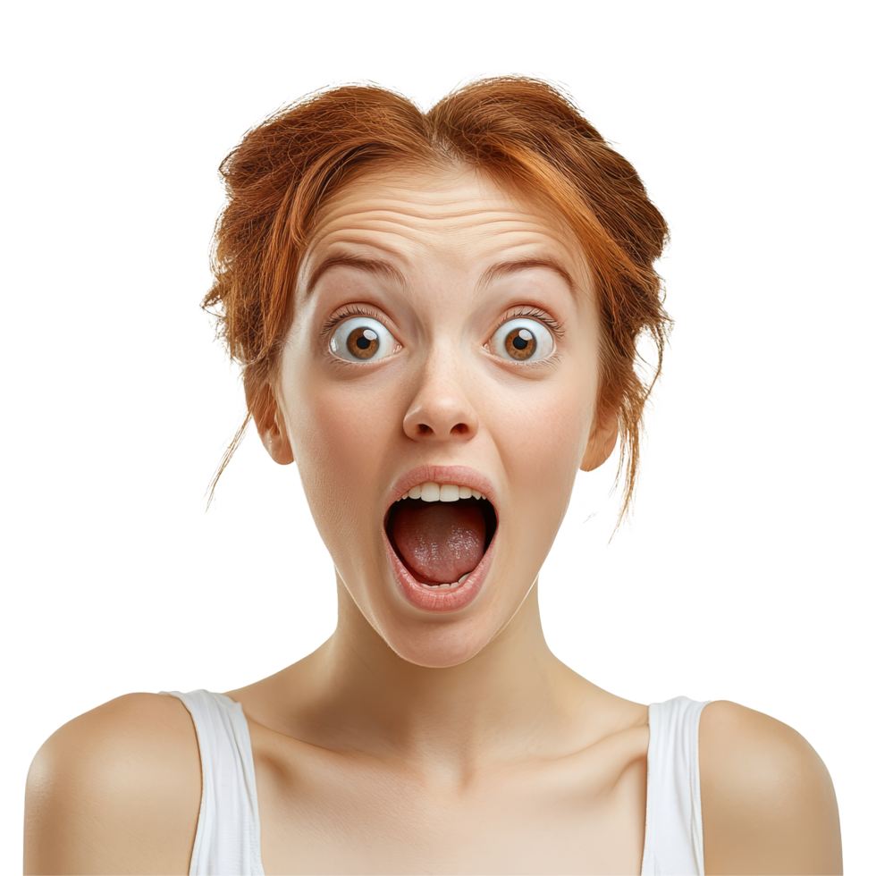 Surprised young woman expressing joy with wide eyes and open mouth isolated on a bright background, surprised joyful young woman, file of isolated object on transparent background png