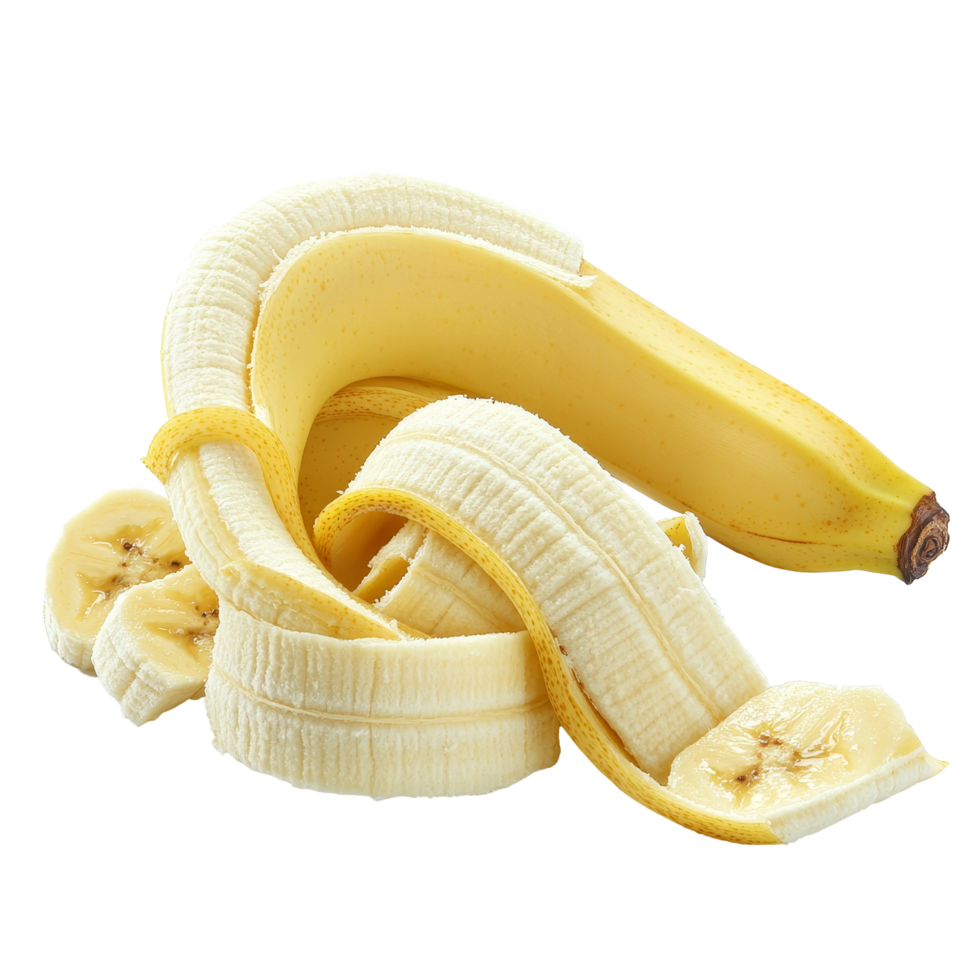 Peeled banana slices on a clean transparent background showcasing fresh and ripe fruit ready for snacking or use in recipes, Peeled banana slices isolated on transparent background png