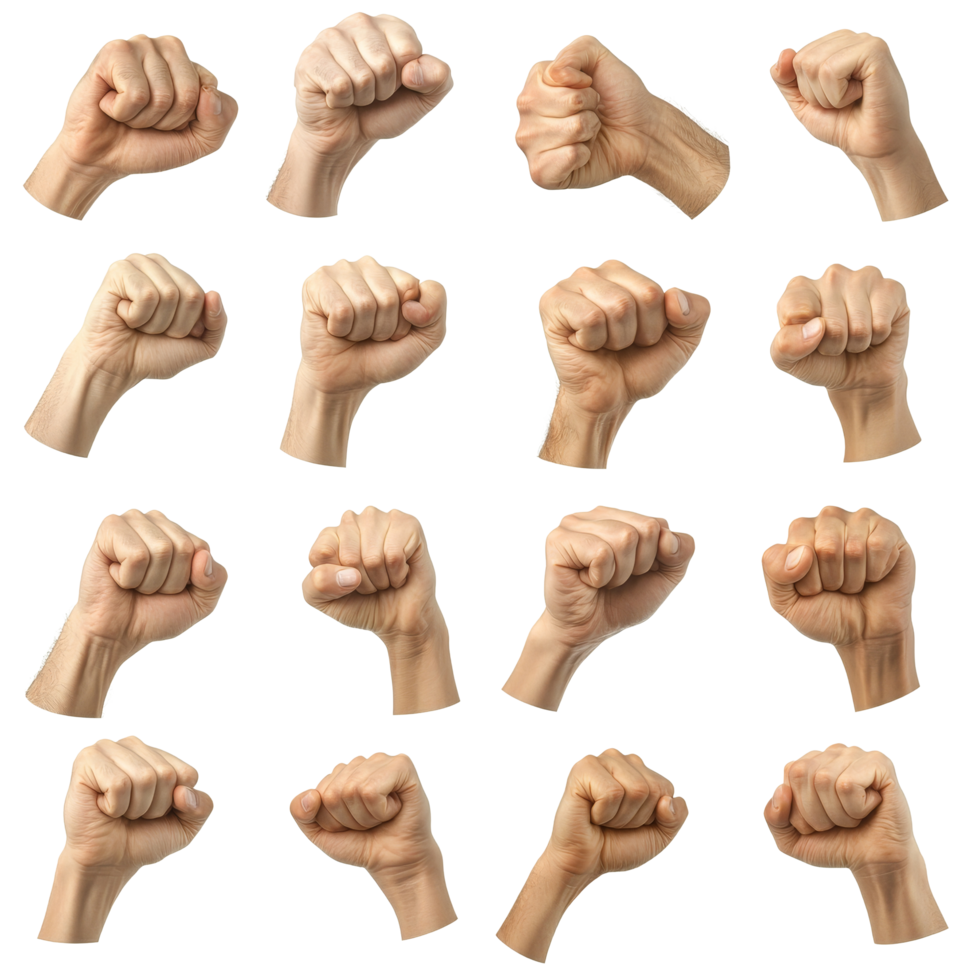Collection of various hand gestures showcasing different fist poses and grips against, Different hand gesture, sign, symbol. Holding, grabbing, show quantity, fist isolated on transparent png