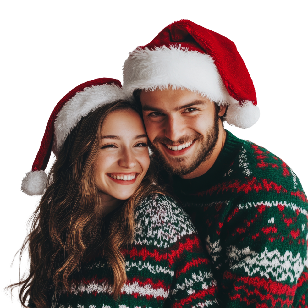 A joyful couple embraces in festive holiday sweaters and Santa hats, spreading Christmas cheer indoors, Loving Couple in Christmas Sweaters and Santa Hats On transparent background png