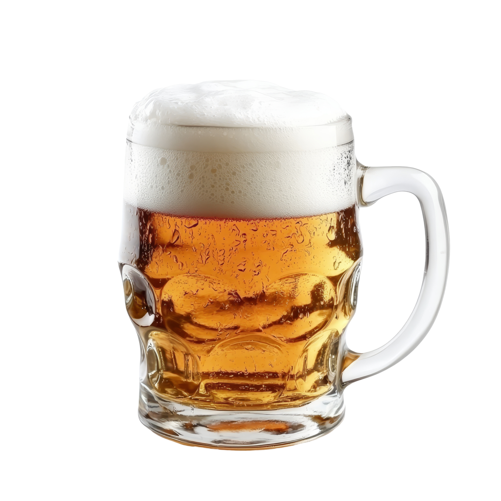 A frothy mug of fresh beer showcases its golden hue against a clean transparent background, Mug fresh beer with cap of foam isolated on transparent background png
