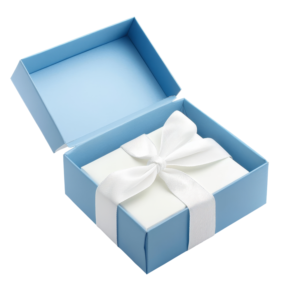 A blue gift box with a transparent bow presents a surprise on a clean transparent background, Blue open gift box with transparent bow isolated on transparent png