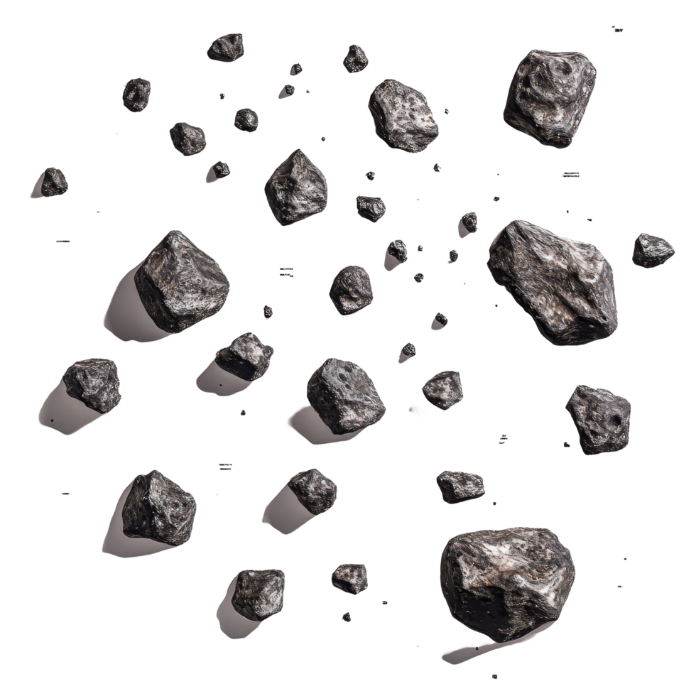 A collection of asteroids scattered on a transparent background for artistic display and study, Asteroids on transparent background png
